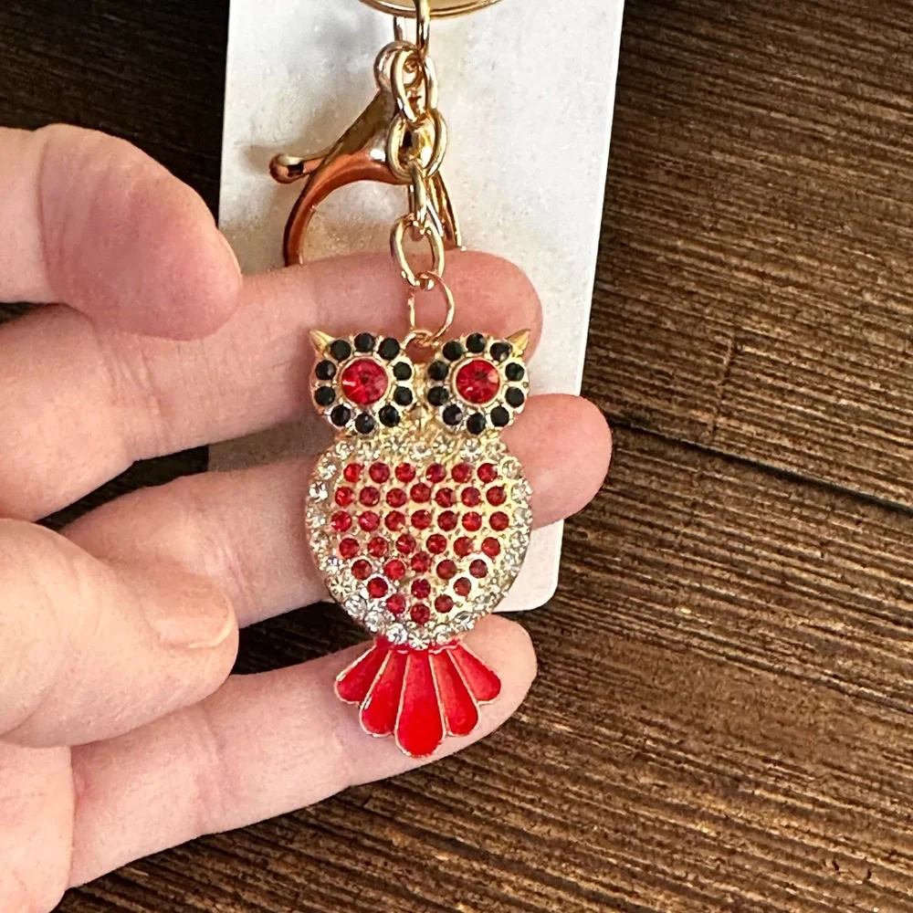 Keychain Red and Gold rhinestone Owl metal